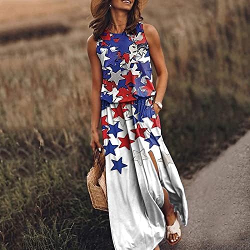 שמלת 4 ביולי לנשים כוכבים פטריוטיים מזדמנים הדפס פסים ארוך שמלת מקסי שמלת בוהו קיץ חוף חוף שינה עם כיס