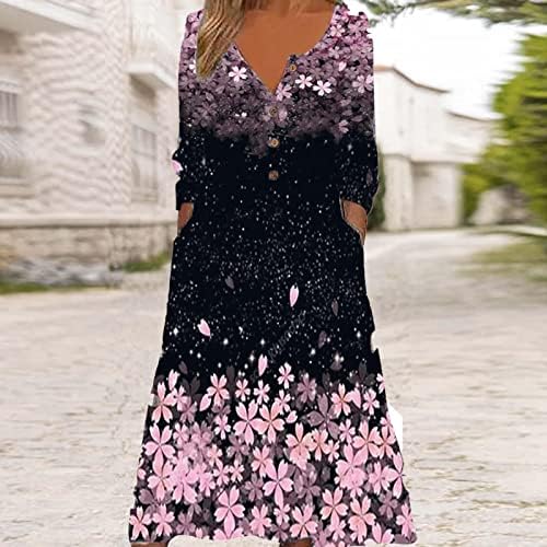 פימלו הנלי ארוך שרוול שמלה לנשים, קיץ הדפסה סיבתי צווארון כפתור ארוך שרוול חופשה כיסים ארוך שמלה