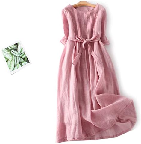 שמלות קיץ של PVCS לנשים 2023 3/4 שרוול כותנה שמלת פשתן צבע אחיד בשמלה ארוכה זורמת עניבה קדמית שמלת שמלת שמלת Sunn Dress